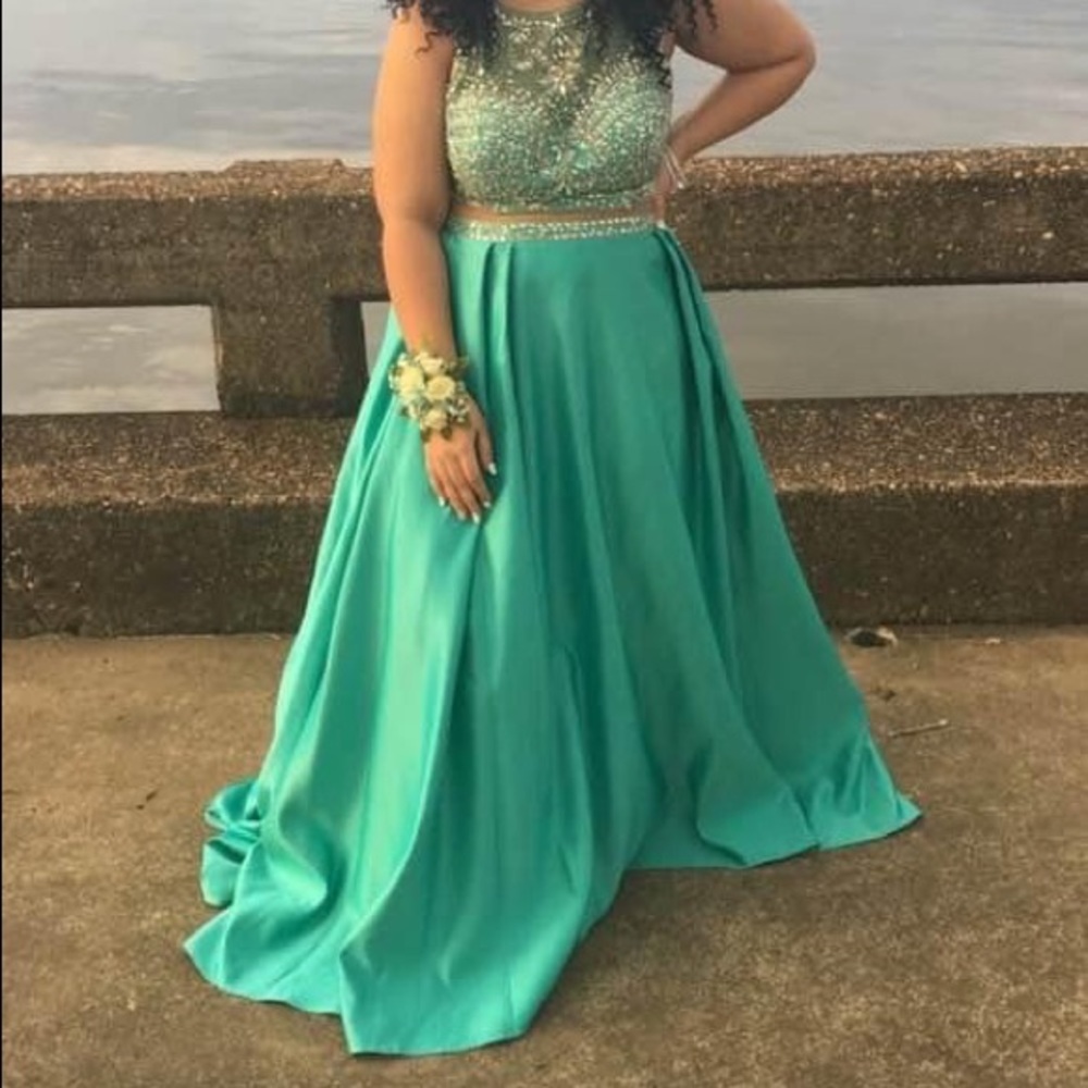 Two piece blue/green prom dresses.